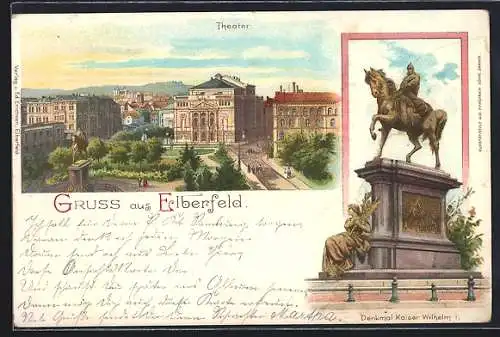 Lithographie Elberfeld, Theater und Denkmal Kaiser Wilhelm I.