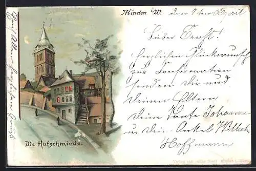 Lithographie Minden i. W., Hufschmiede bei Nacht