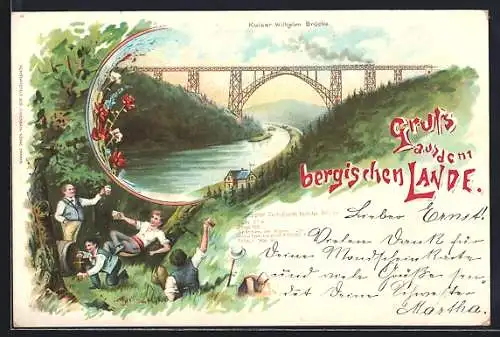 Lithographie Müngsten, Kaiser Wilhelm Brücke und Wanderer mit Bierfass