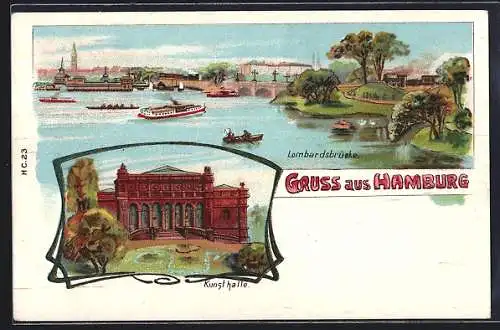 Lithographie Hamburg, Ortsansicht mit Lombardsbrücke und Kunsthalle