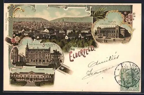 Lithographie Elberfeld, Hotel Weidenhof, Stadthalle auf dem Johannisberg
