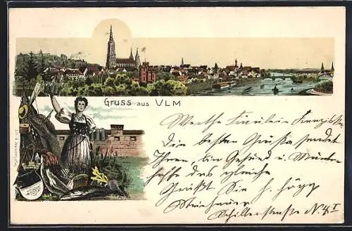 Lithographie Ulm / Donau, Stadtpanorama, Kellnerin mit Bierkrügen und Wappen
