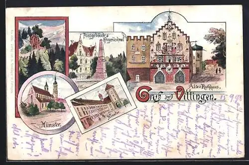 Künstler-AK Villingen / Baden, Kloster, Altes Rathaus, Münster, Postgebäude und Kriegerdenkmal