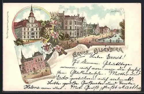 Lithographie Oldenburg / O., Schloss, Rathaus und Stau