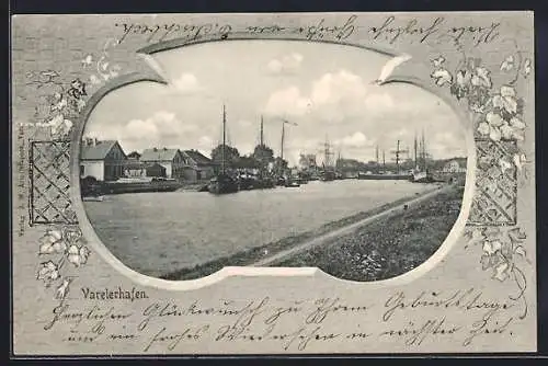 AK Varel / Oldenburg, Hafen im Blumen-Passepartout