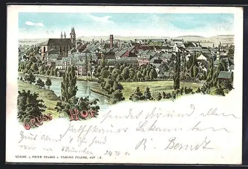 Lithographie Hof / Bayern, Teilansicht mit Saale-Partie