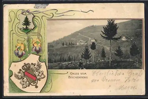 Passepartout-Lithographie Bischenberg, Häuser am Hang, Wappen