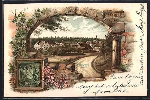Passepartout-Lithographie Königsfeld i. Baden, Ortspartie durch Tor, Wappen