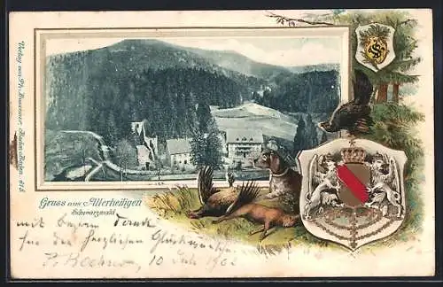Passepartout-Lithographie Allerheiligen /Schwarzwald, Jagdhunde mit erlegtem Wild, Wappen