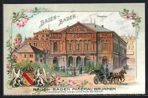 Passepartout-Lithographie Baden-Baden, Partie am Theater, Wappen
