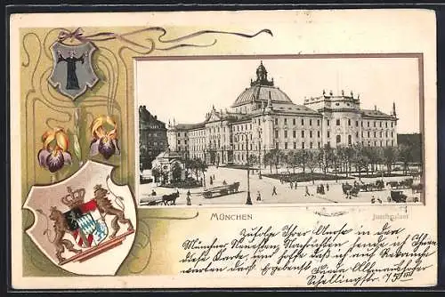 Passepartout-Lithographie München, Blick auf den Justizpalast, Wappen