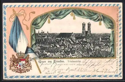 Passepartout-Lithographie München, Totalansicht, Wappen