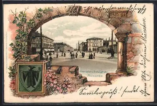 Passepartout-Lithographie München, Odeonsplatz & Ludwigstrasse, Wappen