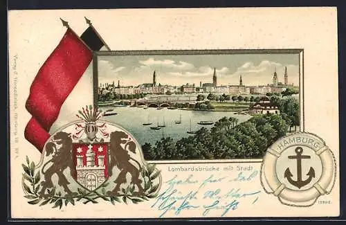 Passepartout-Lithographie Hamburg-Neustadt, Lombardsbrücke mit Stadt, Wappen und Fahnen