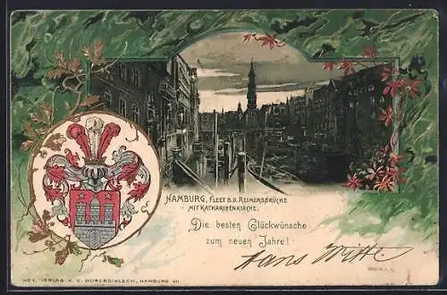 Passepartout-Lithographie Alt-Hamburg, Fleet bei der Reimersbrücke, Blick zur Katharinenkirche, Wappen
