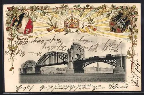 Passepartout-Lithographie Düsseldorf, Partie an der Rheinbrücke, Wappen