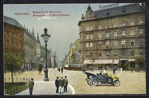 AK Budapest, Barossplatz und Rakoczistrasse, mit Strassenbahn u. Auto
