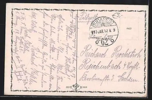 AK Budapest, Leopoldring mit Strassenbahnen und Kuppelgebäude aus der Vogelschau