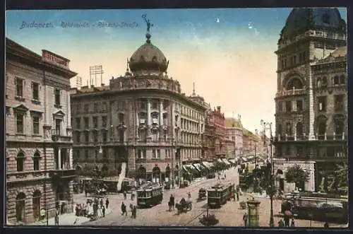 AK Budapest, Strassenbahnen in der Rákóczi-Strasse, Rákóczi-út, Pferdekutsche