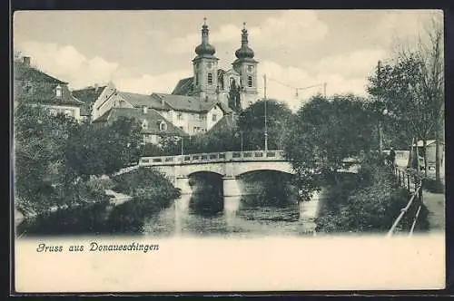 AK Donaueschingen, Brückenpartie mit Kirche