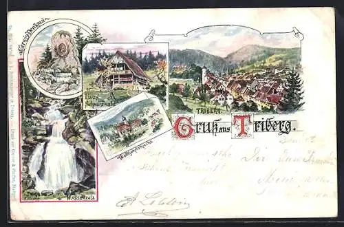 Lithographie Triberg, Wallfahrtskirche, Ortsansicht, Wasserfall, Gerwig-Denkmal