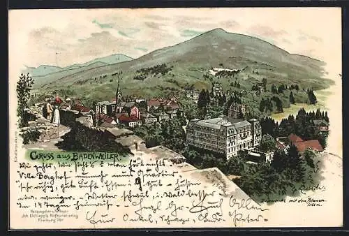 Lithographie Badenweiler, Blick zum Ort