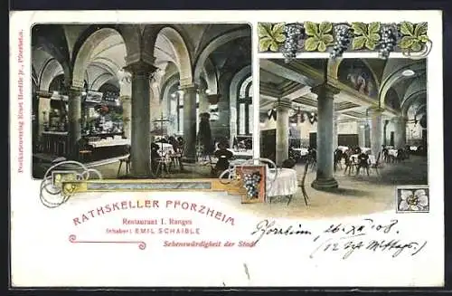 AK Pforzheim, Gasthaus Rathskeller, Gewölbe, Weintrauben