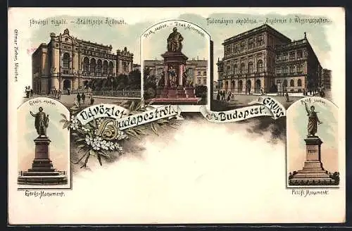 Lithographie Budapest, Städtische Redoute, Akademie der Wissenschaften, Deak Monument