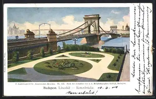 AK Budapest, Kettenbrücke mit Parkanlage