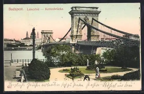 AK Budapest, Kettenbrücke von der Anlage aus