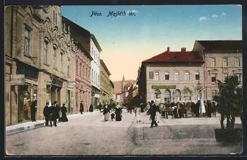 AK Pecs, Majlath ter, Strassenleben mit Markt