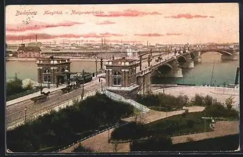AK Budapest, Margaretenbrücke mit Anlage u. Strassenbahn