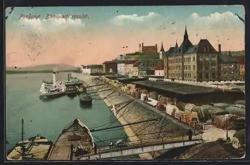 AK Pozsony, Dunaparti reszlet, Dampfer, Lastkähne