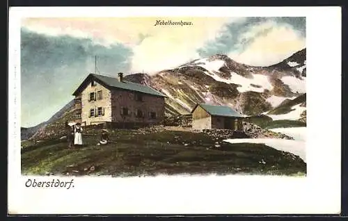 AK Nebelhornhaus, Ansicht mit Gebirgspanorama bei Oberstdorf