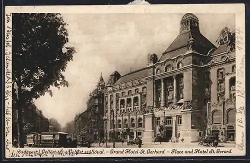 AK Budapest, Grand Hotel St. Gerhard, Strassenbahn unterwegs