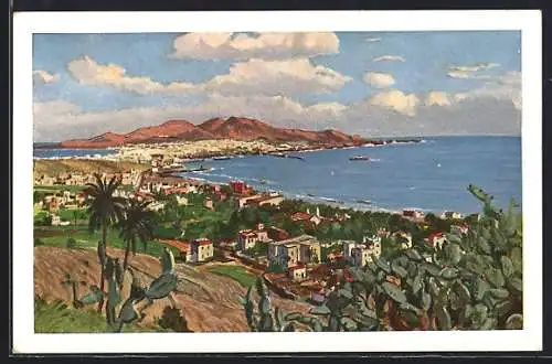 Künstler-AK Las Palmas, Ciudad jardin y Puerto de la Luz