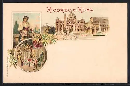 Lithographie Roma, San Pietro, Innen- und Aussenansicht
