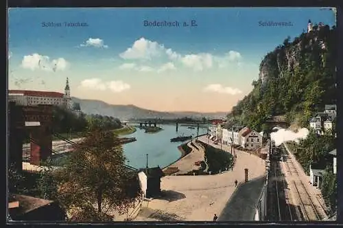 AK Bodenbach / Decin, Schloss Tetschen und Schäferwand, Eisenbahn