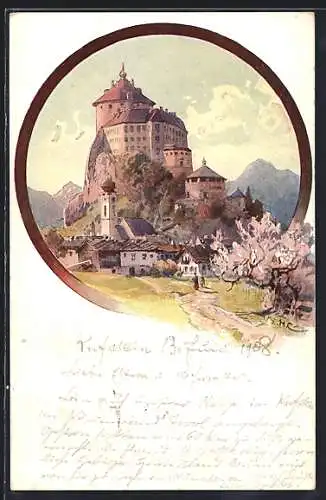 Künstler-AK Kufstein, Ortsansicht mit Festung in der Frühlingssonne