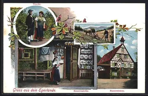 AK Egerland, Liebespaar in tschechischer Tracht, Bauernhaus, Bauernstube, Ochsengespann