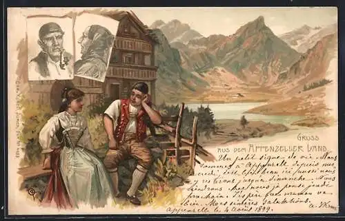 Lithographie Mann und Frau aus dem Appenzeller Land in Trachten
