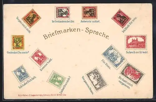 AK Briefmarkensprache französischer Marken, Le Langage des Timbres - Je pense à vous, un baiser - Je vous aime