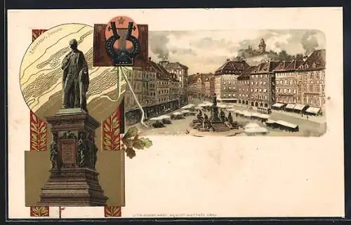 Lithographie Graz, 6. Deutsches Sängerbundesfest, Hauptplatz, Erzherzog Johann-Denkmal
