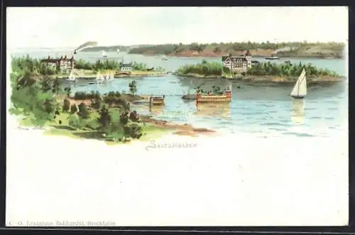 Lithographie Saltsjöbaden, Inselpanorama mit Booten