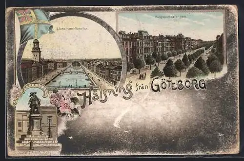 Lithographie Göteborg, Stora Hamnkanalen, Gustaf II Adolf Staty, Kungportsavenyen