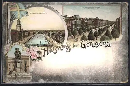 Lithographie Göteborg, Stora Hamnkanalen, Gustaf II Adolfs Staty, Kungsportsavenyen