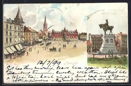 Lithographie Malmö, Stortorget, Karl X. staty