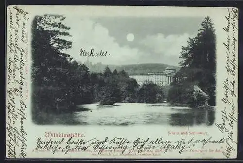 Mondschein-AK Wilhelmshöhe, Schloss und Schlossteich