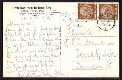 AK Achim / Bremen, Restaurant Badener Berg mit Partie an der alten Aller, Inh. Heinr. Pape