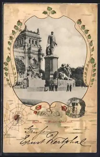 AK Berlin, Blick auf das Bismarckdenkmal, Passepartout mit Spinne